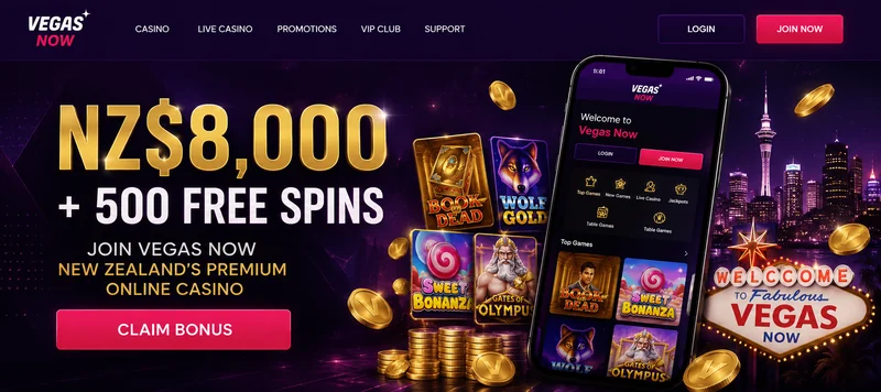 Vegas Now Casino NZ welcome offer of NZ$8,000 plus 500 free spins